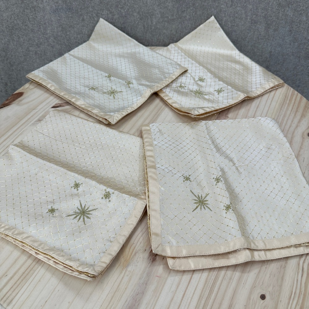 4 VTG Cloth Napkins Reversible Glitter Gold Starburst Christmas Embroidered